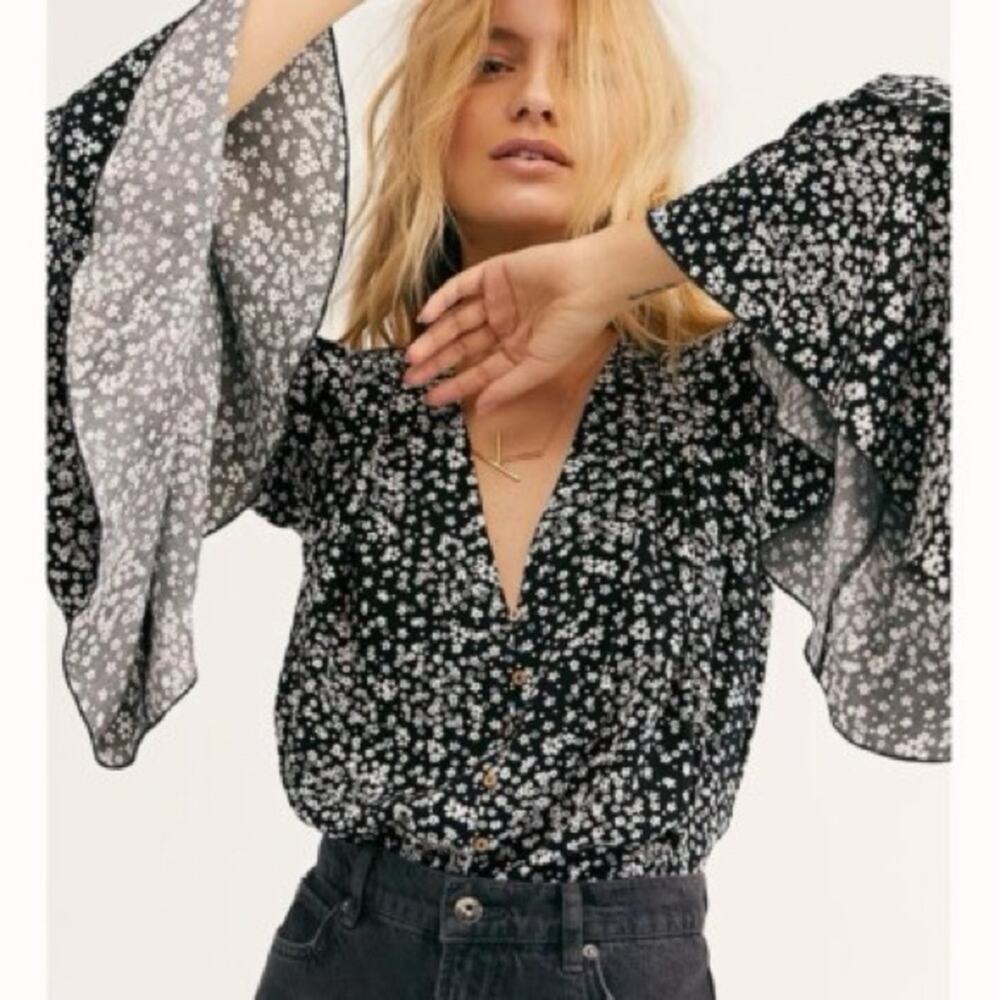 Free People Ditsy Floral Bodysuit Bell Sleeve Blouse | Boho Festival Whimsigoth